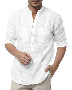 Men's Linen Henley Shirt Long Sleeve Casual Hippie Cotton Beach